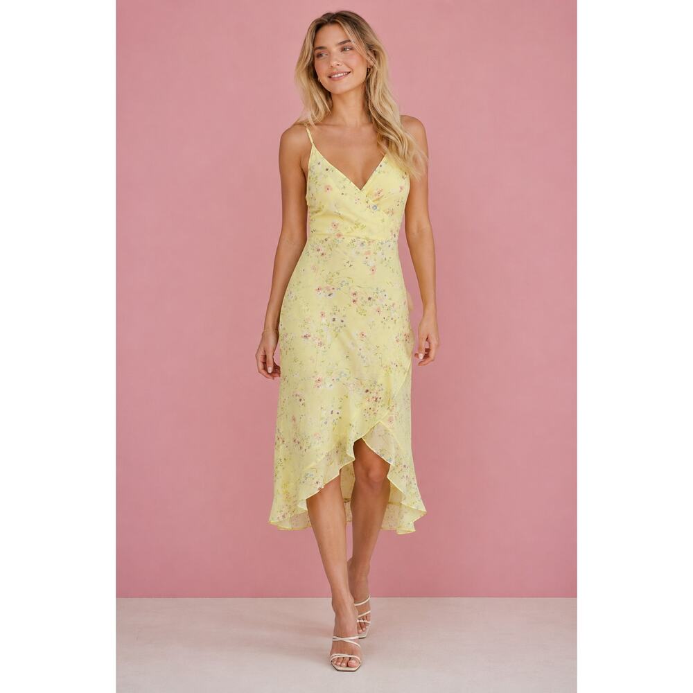 Loft Outlet Dainty Floral Faux Wrap Midi Dress Womens 6 Yellow Ruffled Hi Lo Hem